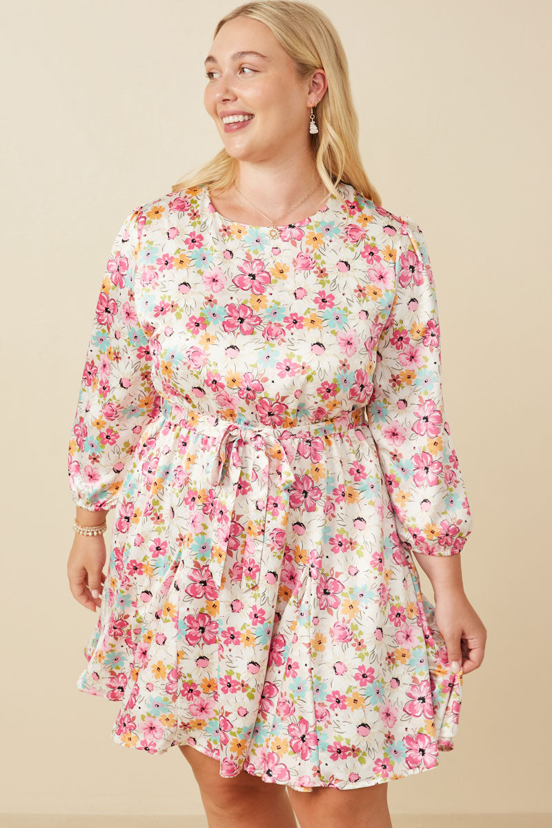 Elegant Satin Floral Print Long Sleeve Belted Flare Skirt Dress for Women - Perfect for Weddings, Parties & Special Occasions