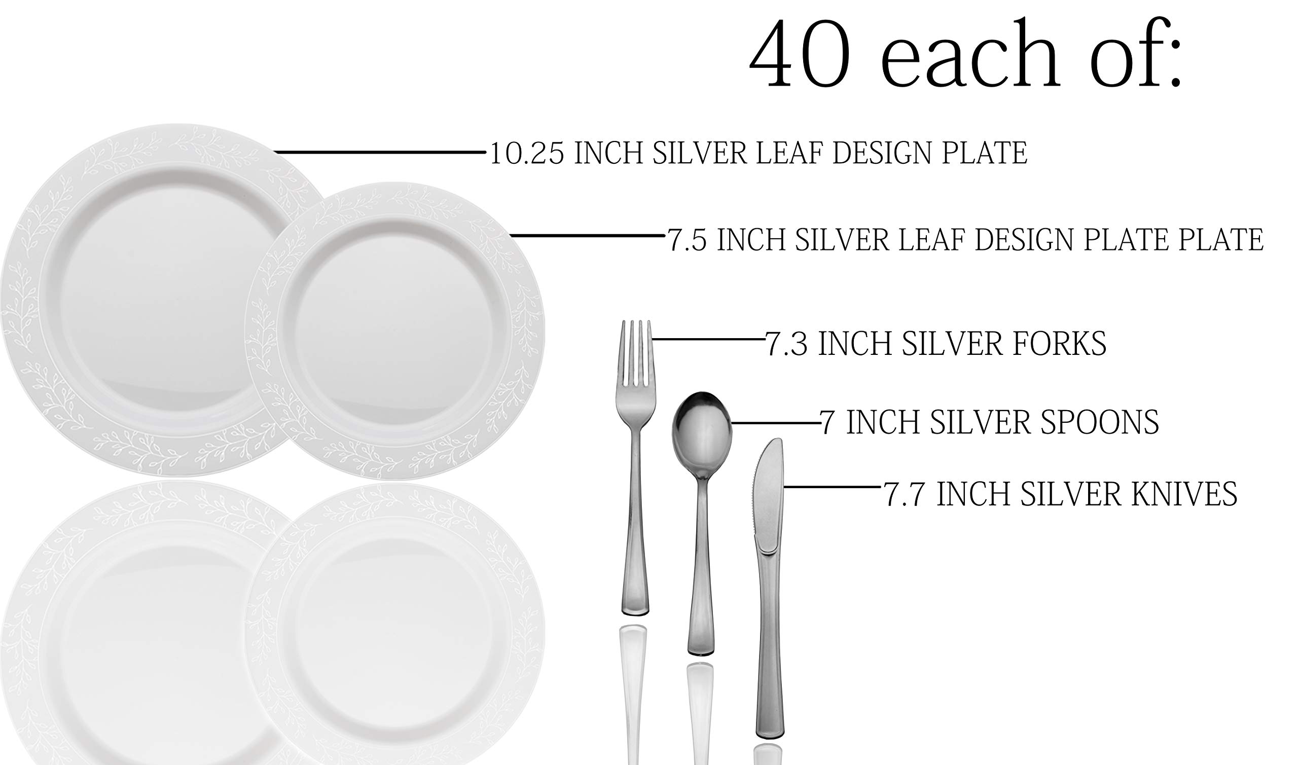 200-Piece Heavyweight Disposable Plastic Dinnerware Set - 40 Silver Leaf Trim Plates, 40 Dessert Plates & 40 Silver Plastic Cutlery (Forks, Knives, Spoons) - Elegant Party, Wedding, Picnic, and Outdoor Dining Essentials