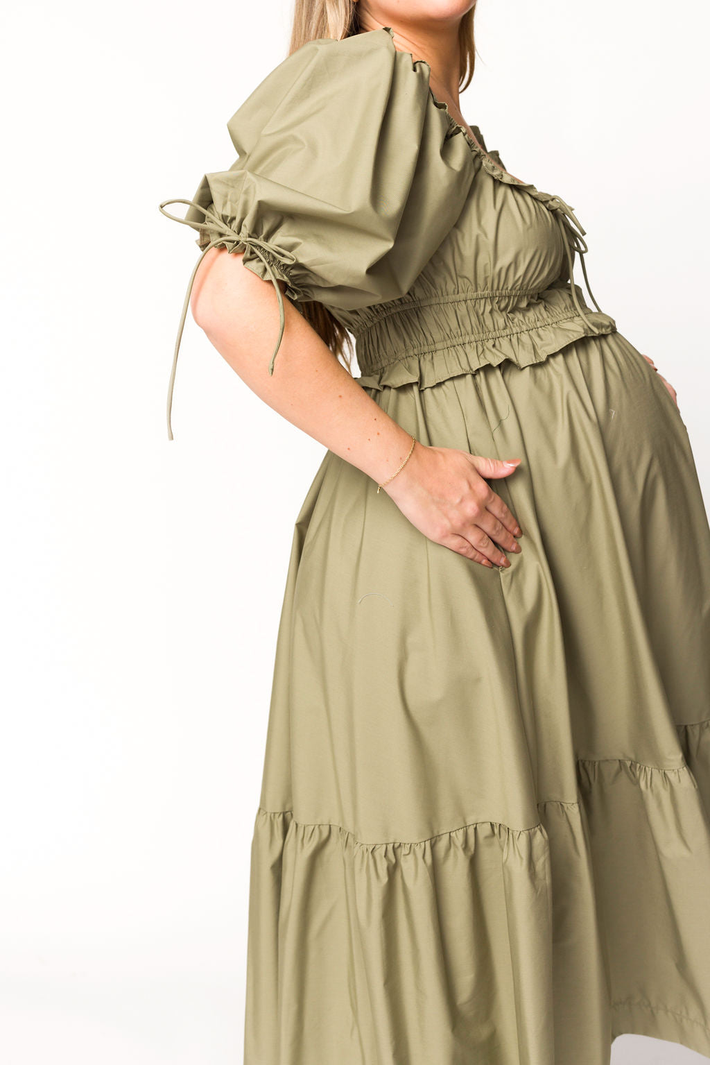 Crissy Ruched Midi Dress in Dusty Olive - Bump Friendly Maternity Dress for Women, Stretchy Bodycon Dress for Pregnancy & Nursing - Perfect for Baby Showers, Date Nights & Special Occasions