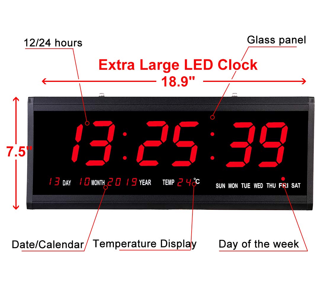 18.9 Inch Oversized LED Digital Wall Clock - Large Display with Indoor Temperature, Date & Day of Week - Electric Wall Clock & Calendar Timer - Modern Home & Office Decor (Red) - Perfect for Living Room, Bedroom, Kitchen & Office Spaces