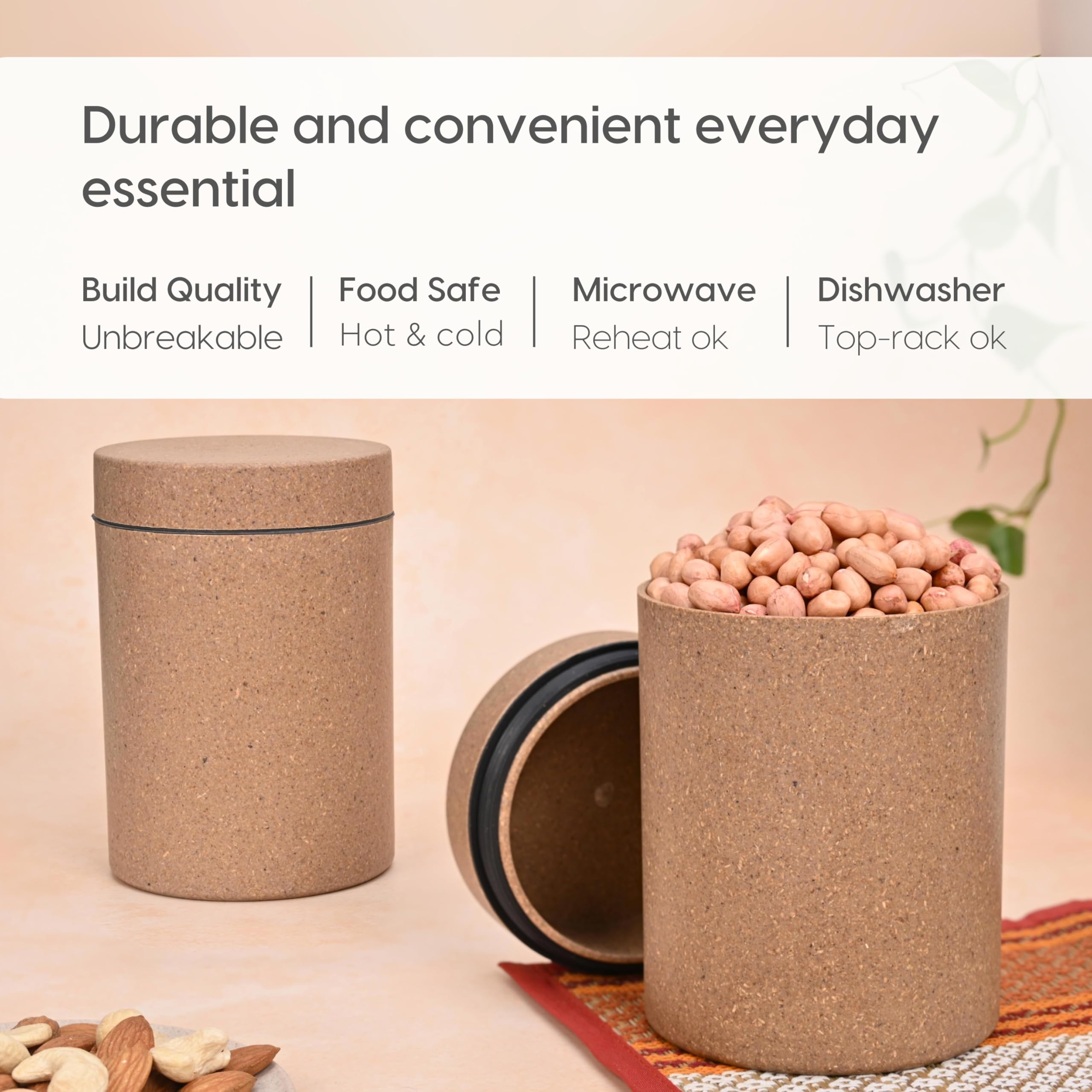 Eco-Friendly Food Storage Containers Set of 3 | 700ml Airtight Canisters with Lids | Microwave Safe | Made from Rice Husk & Bamboo Fibers | BPA-Free | Ideal for Pantry, Kitchen, Coffee, Tea, Sugar & Flour Storage