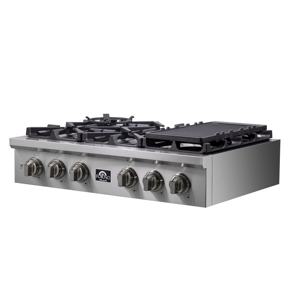 Forno Spezia 36 Inch 6 Burner Professional Gas Rangetop with Wok Ring & Griddle - Stainless Steel Commercial Cooktop (Model FCTGS5751 36) - Perfect for Restaurant Kitchens, Catering Services & Home Chef Cooking Stations