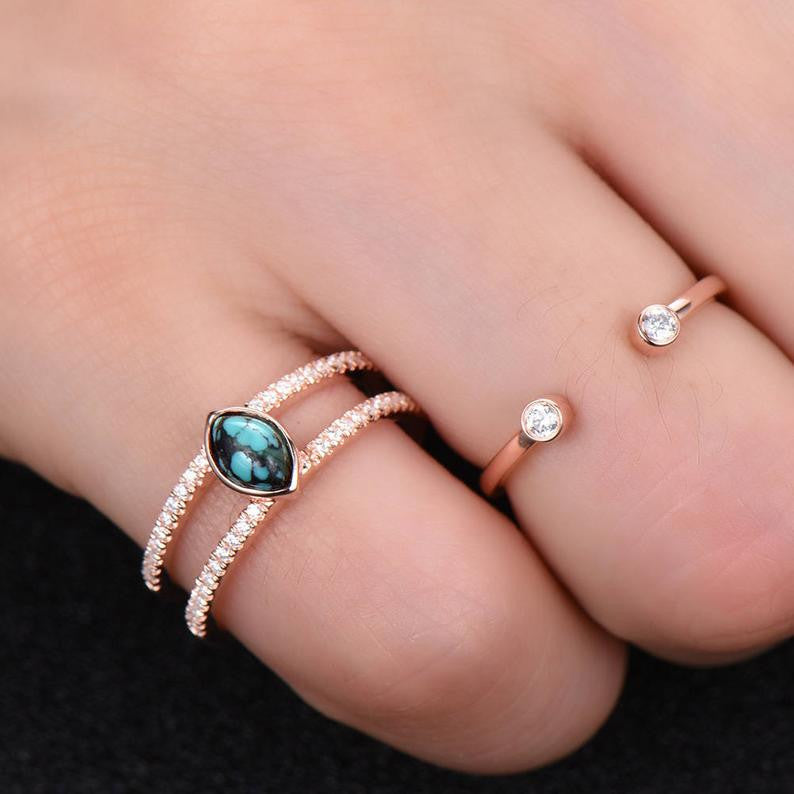 Vintage Turquoise Wedding Ring Set - 4x6mm Marquise December Birthstone, Unique Diamond Band Rose Gold Ring for Women | Perfect for Engagement, Anniversary & Special Occasions