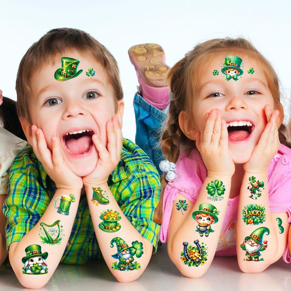 St. Patrick's Day Glitter Tattoo Kit for Kids - 12 Sheets Temporary Tattoos, Shamrock Face & Body Art, Party Favors & Gifts for Boys & Girls | Perfect for St. Patrick's Day Parties, School Events & Festive Celebrations