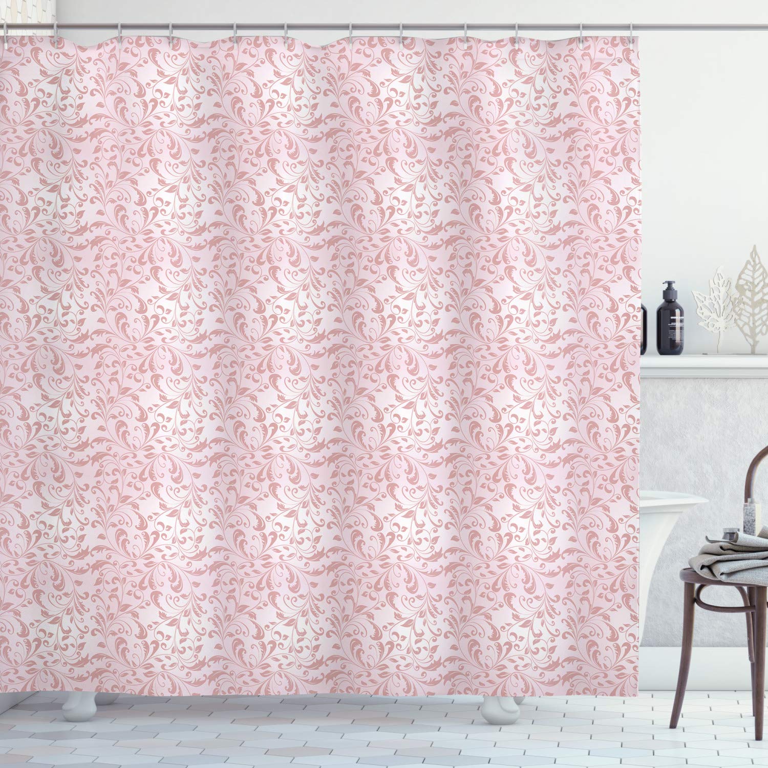 Ambesonne Damask Shower Curtain - Monochrome Botanical Leaves Pattern, Elegant Bathroom Decor with Hooks, 69