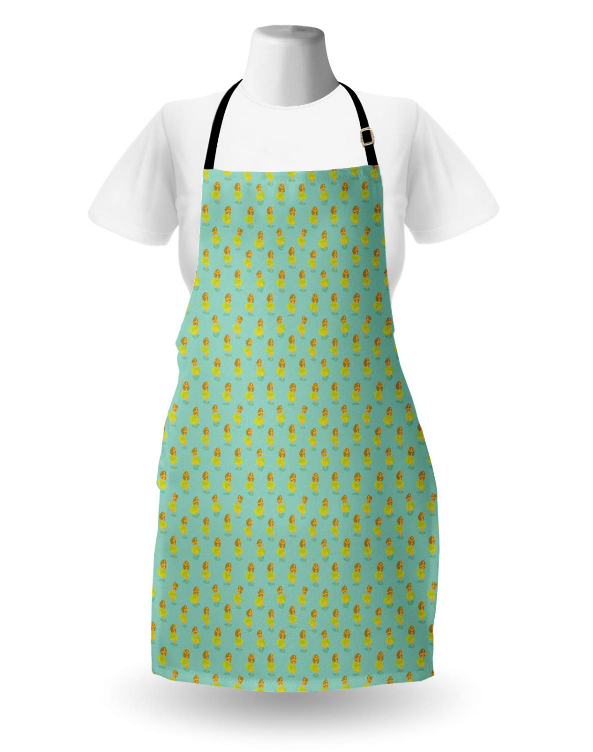 Ambesonne Hula Girl Apron - Polynesian Dancer Design, Unisex Kitchen Bib with Adjustable Neck for Women & Men, Turquoise Apple Green Adult Size - Perfect for Cooking, Gardening, BBQ, and Hawaiian Theme Parties