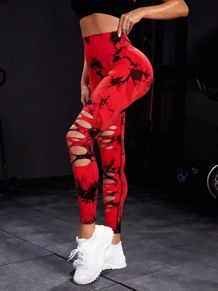 Women's Tie-Dye Hollow Out Leggings - High Waisted Push Up Gym Tights for Running, Yoga & Fitness | Sexy Sports Pants for Workout & Activewear | Red Athletic Leggings