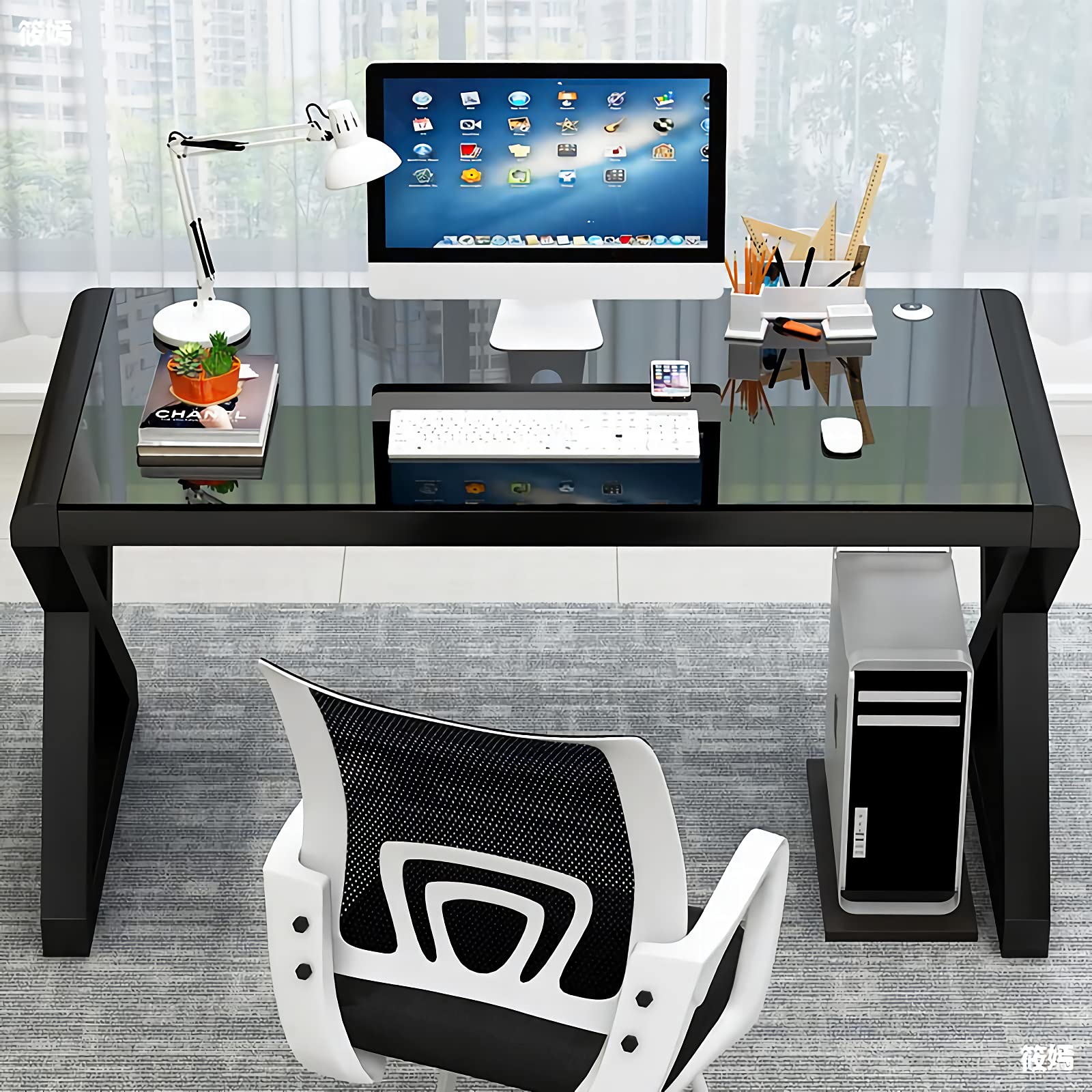Modern Glass Top X-Frame Computer Desk - 55.1
