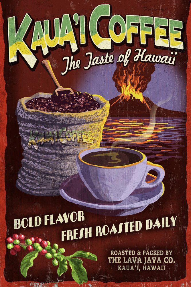 Vintage Kauai Coffee Hawaii Wall Art Print - 24x36 Signed Poster, Retro Hawaiian Decor for Home, Office & Cafe