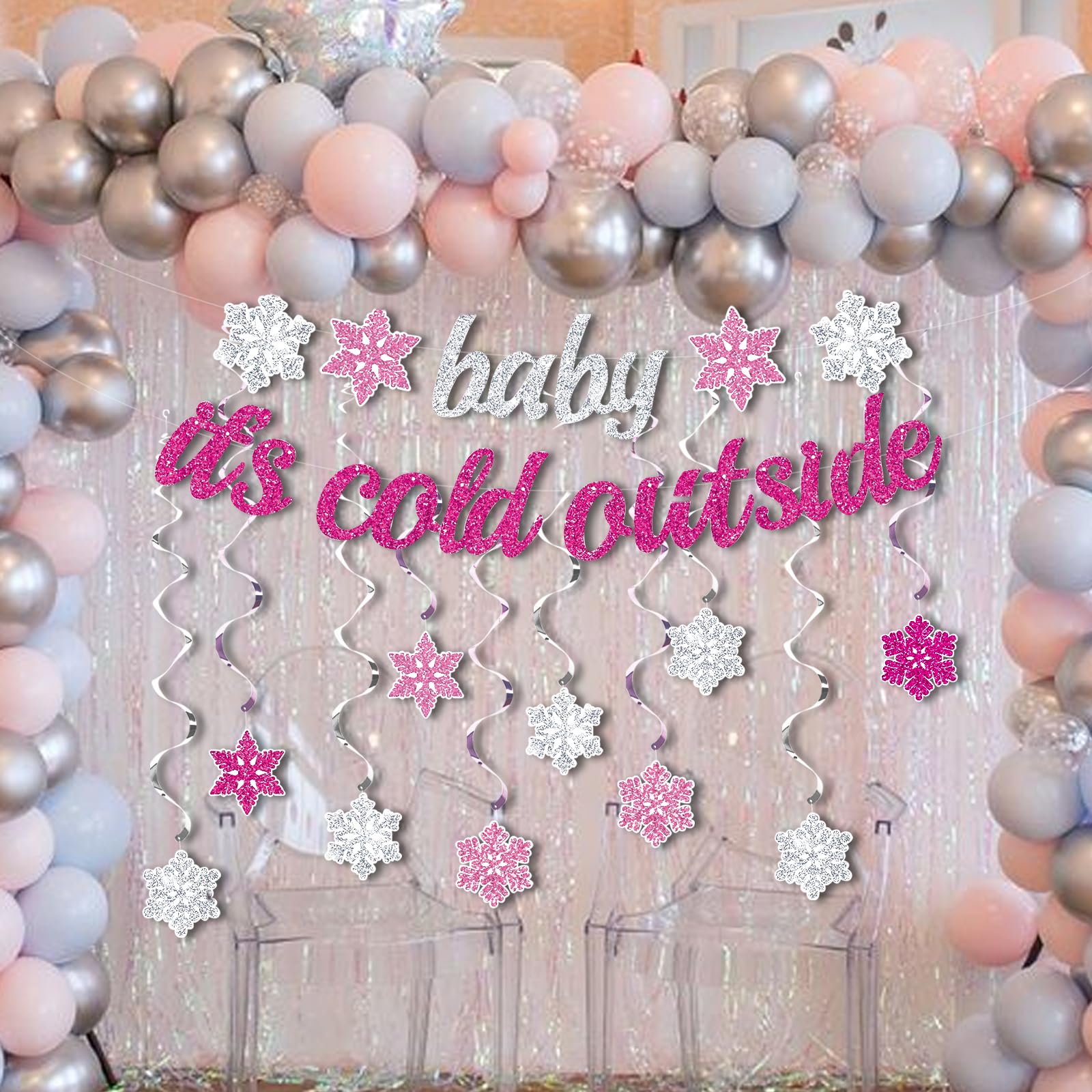 Pink 'Baby It's Cold Outside' Winter Banner - Glitter Silver Snowflake Hanging Decor for Girls Birthday Party, Christmas & Baby Shower Supplies | Festive Seasonal Home & Event Decoration
