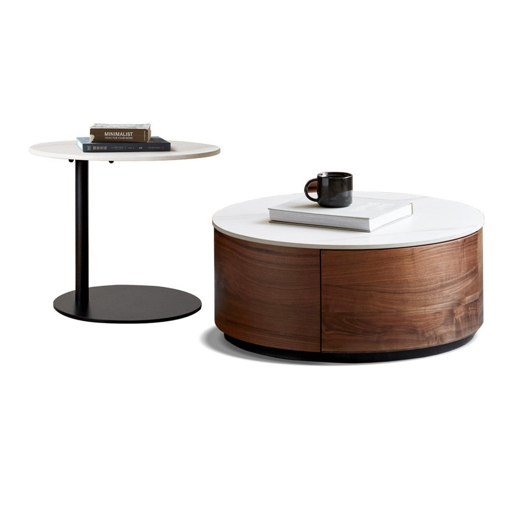 Premium Black Walnut Solid Wood Round Coffee Table - Modern Luxury Rock Plate Design for Living Room, Lounge & Office Decor