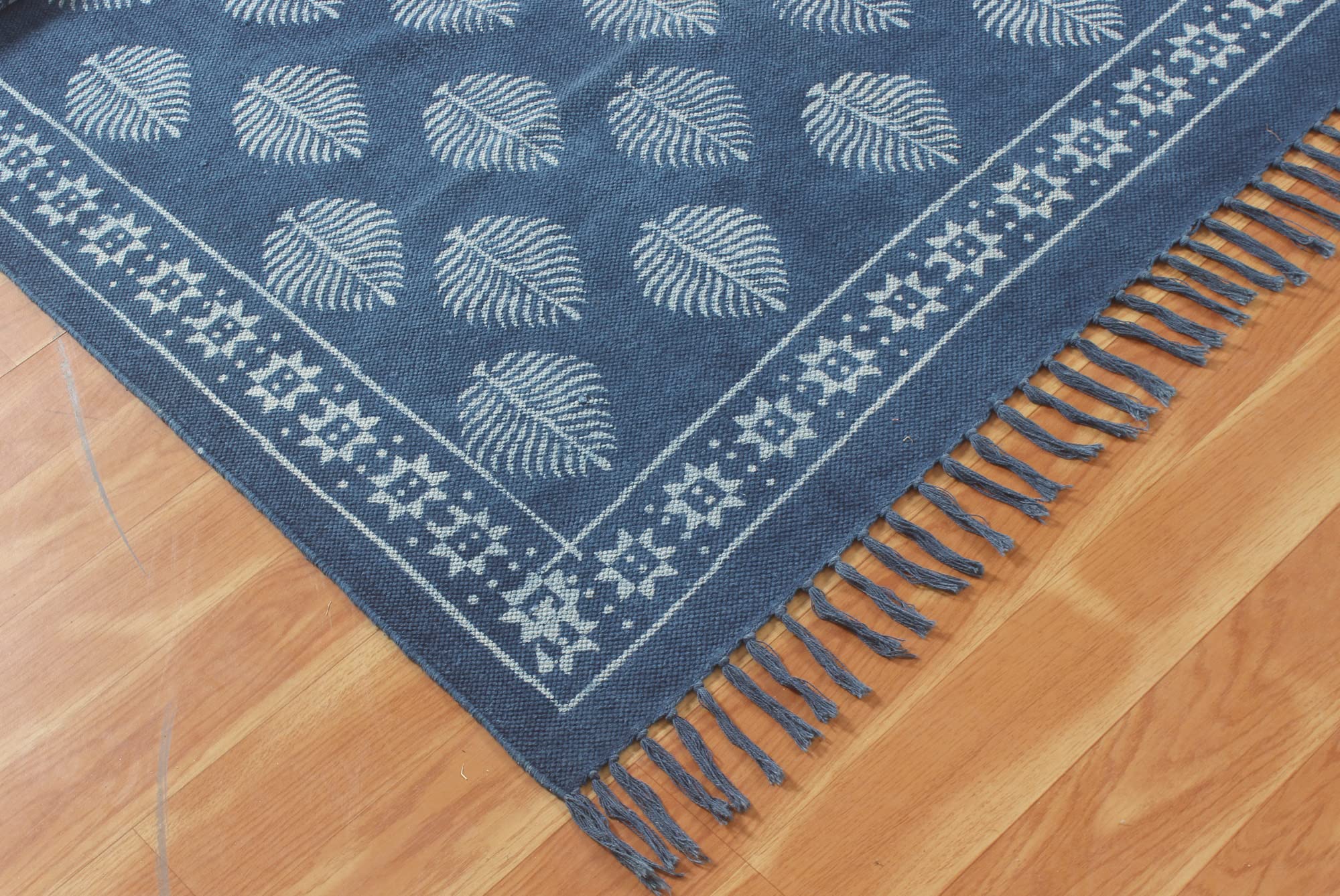Hand Woven Pure Cotton Area Rug - Indigo Blue Floral Design with Tassels, Reversible Runner Rug (4x15 Feet) for Living Room, Bedroom, Laundry & Bathroom Floor Decor