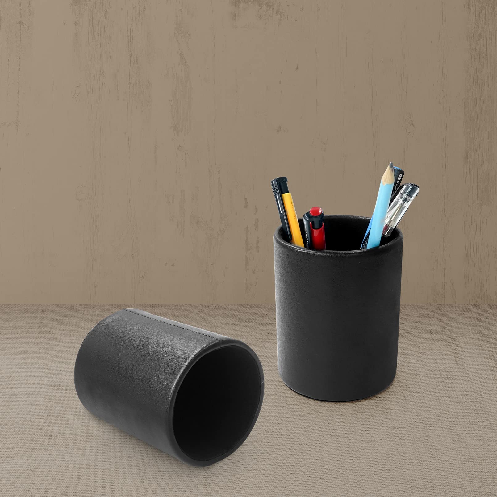 Premium Leather Pen Holder for Desk - Elegant Round Black Pencil Cup Organizer | Perfect for Office, Home Study & Gift Giving