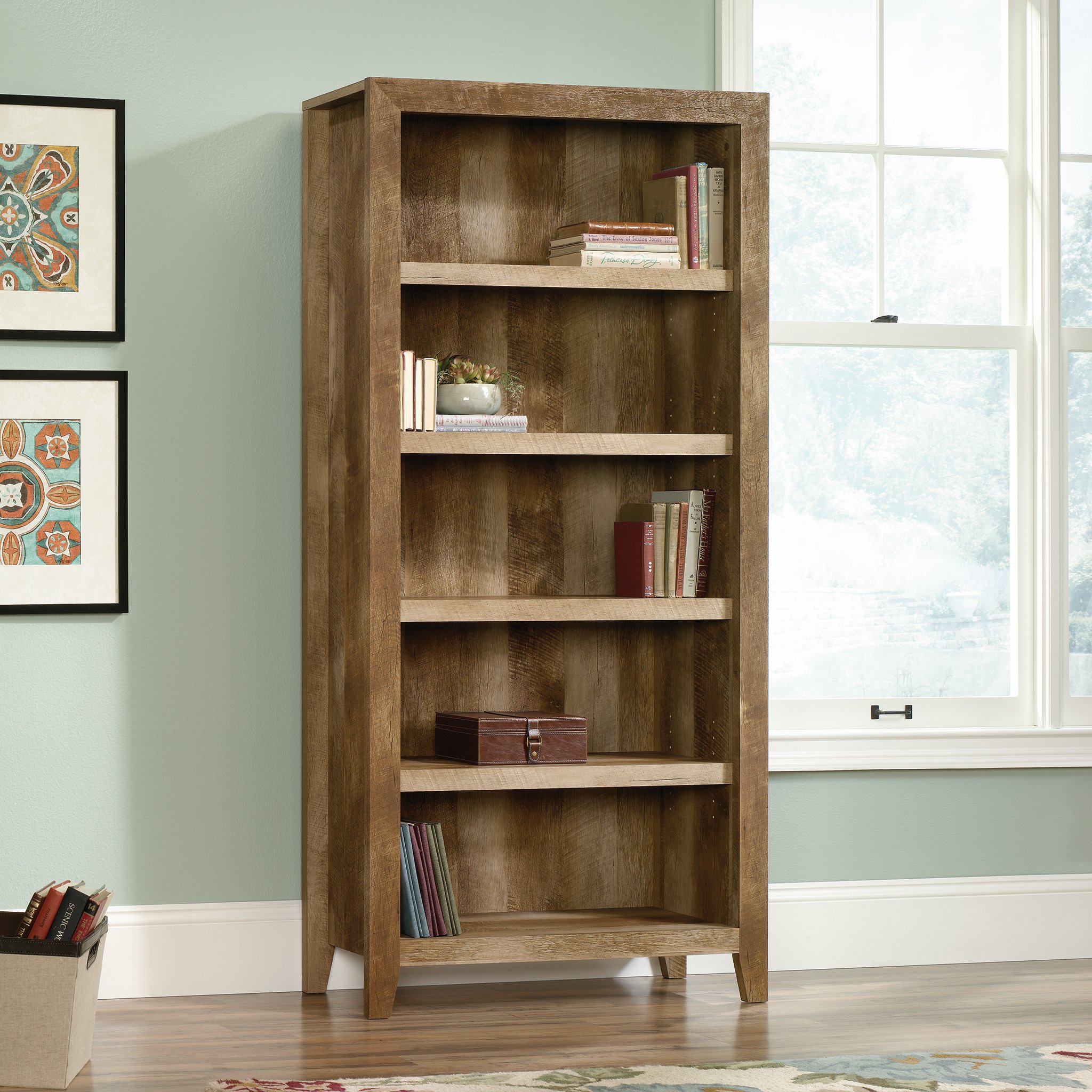 Sauder Dakota Pass 5-Shelf Bookcase with Desk - Craftsman Oak Finish - Home Office & Study Room Furniture for Books, Decor & Workspace