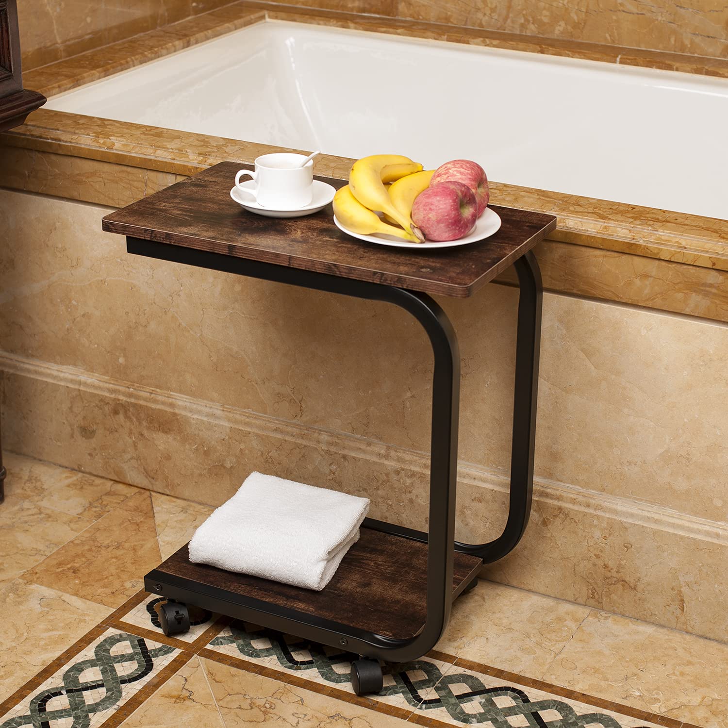 **Rolling C-Shaped End Table with Wheels - Sturdy Wood & Large Steel Tube Frame - Sofa Snack Table, Coffee Tray Stand - Perfect for Living Room, Bedroom & Office (Brown)**