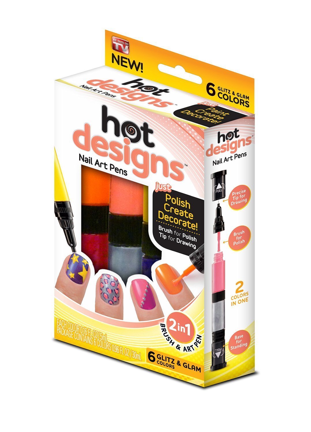 Glitz and Glam Nail Art Pens Set - 6 Vibrant Colors (Silver, Pink, Purple, Yellow, Raspberry, Orange) - Professional Salon Quality Polish Brush - Perfect for DIY Nail Designs, Home Manicures & Party Makeup