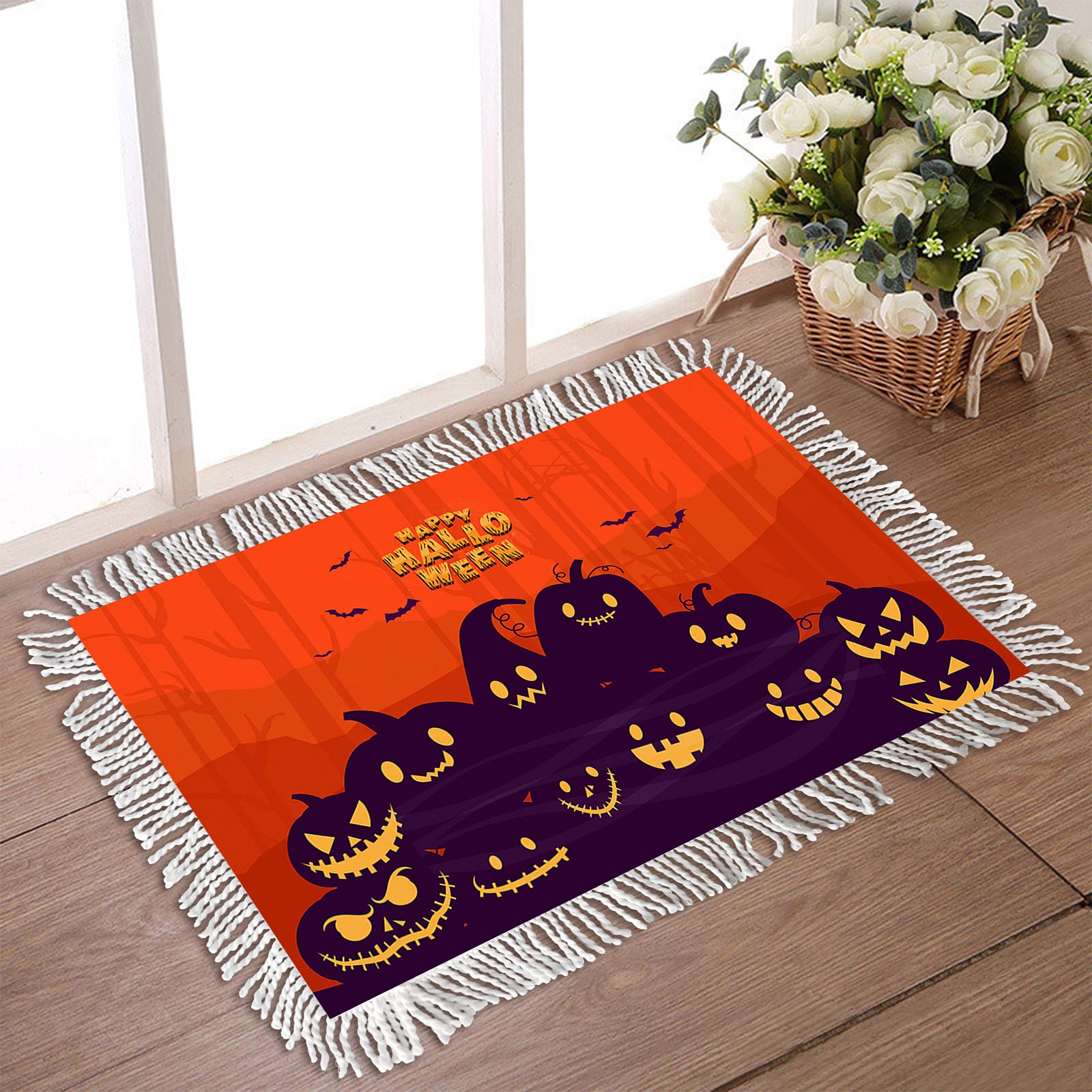 Halloween Doormat with Pumpkin & Bat Design - Non-Slip Indoor/Outdoor Rug for Home & Office
