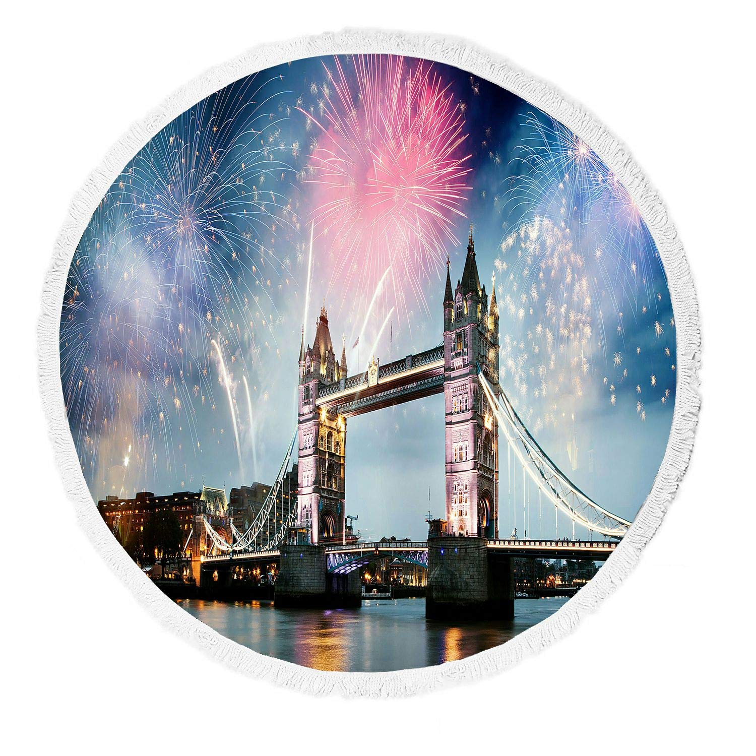 ABPHQTO Tower Bridge Firework Celebration New Year London UK Beach Towel - Large Soft Blanket with Tassels for Beach, Yoga, Picnic, Travel & Outdoor Activities | Perfect Gift for Holidays & Summer Fun