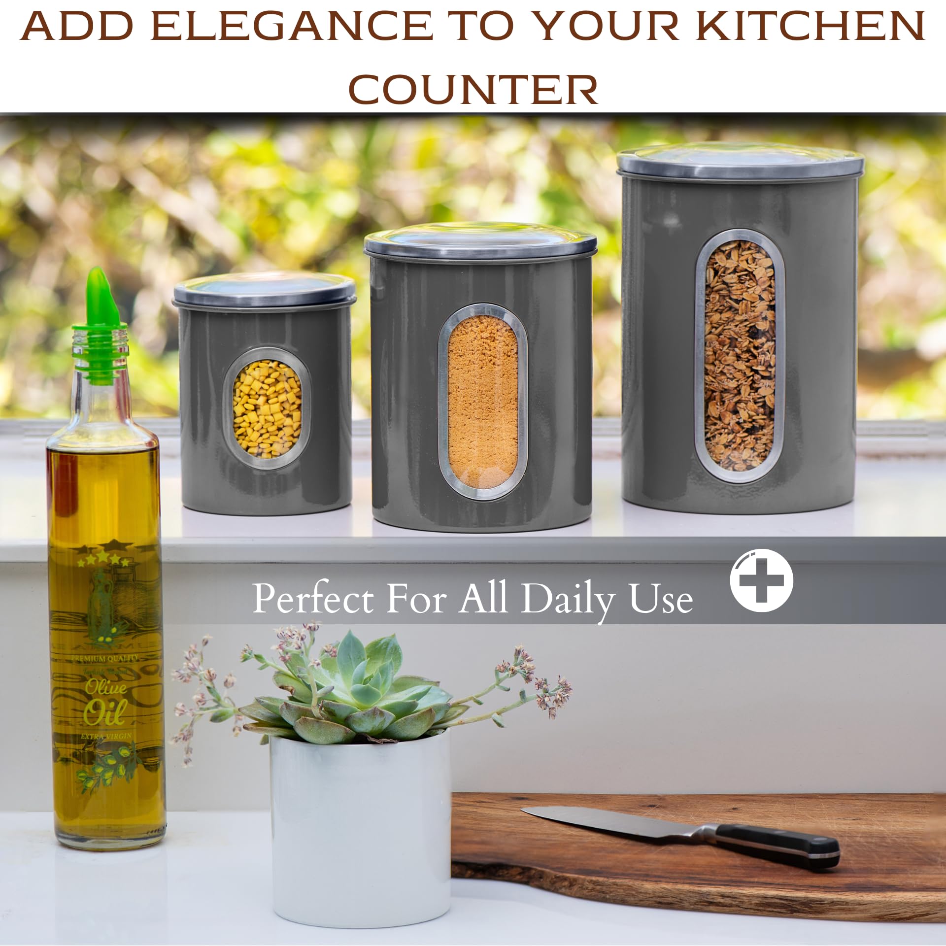 3-Piece Gray Kitchen Canister Set with See-Through Window - Airtight Coffee, Tea & Sugar Storage Containers - Moss & Stone Kitchen Jars for Pantry Organization (Grey) - Perfect for Coffee Lovers, Tea Enthusiasts & Baking Needs
