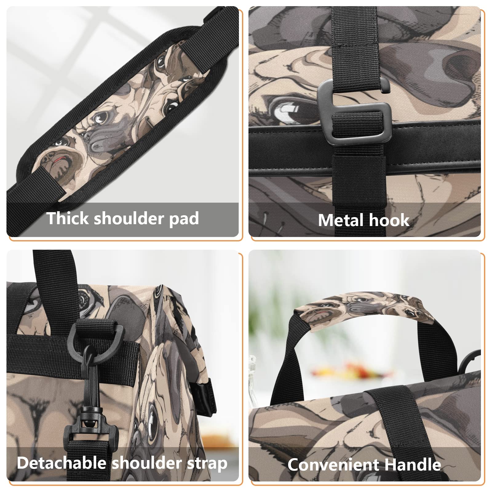 Portrait Pugs Insulated Lunch Bag for Women & Men - Leakproof Foldable Cooler Tote with Adjustable Shoulder Strap - Perfect for Beach, Camping, Hiking, Work & School Lunch Storage