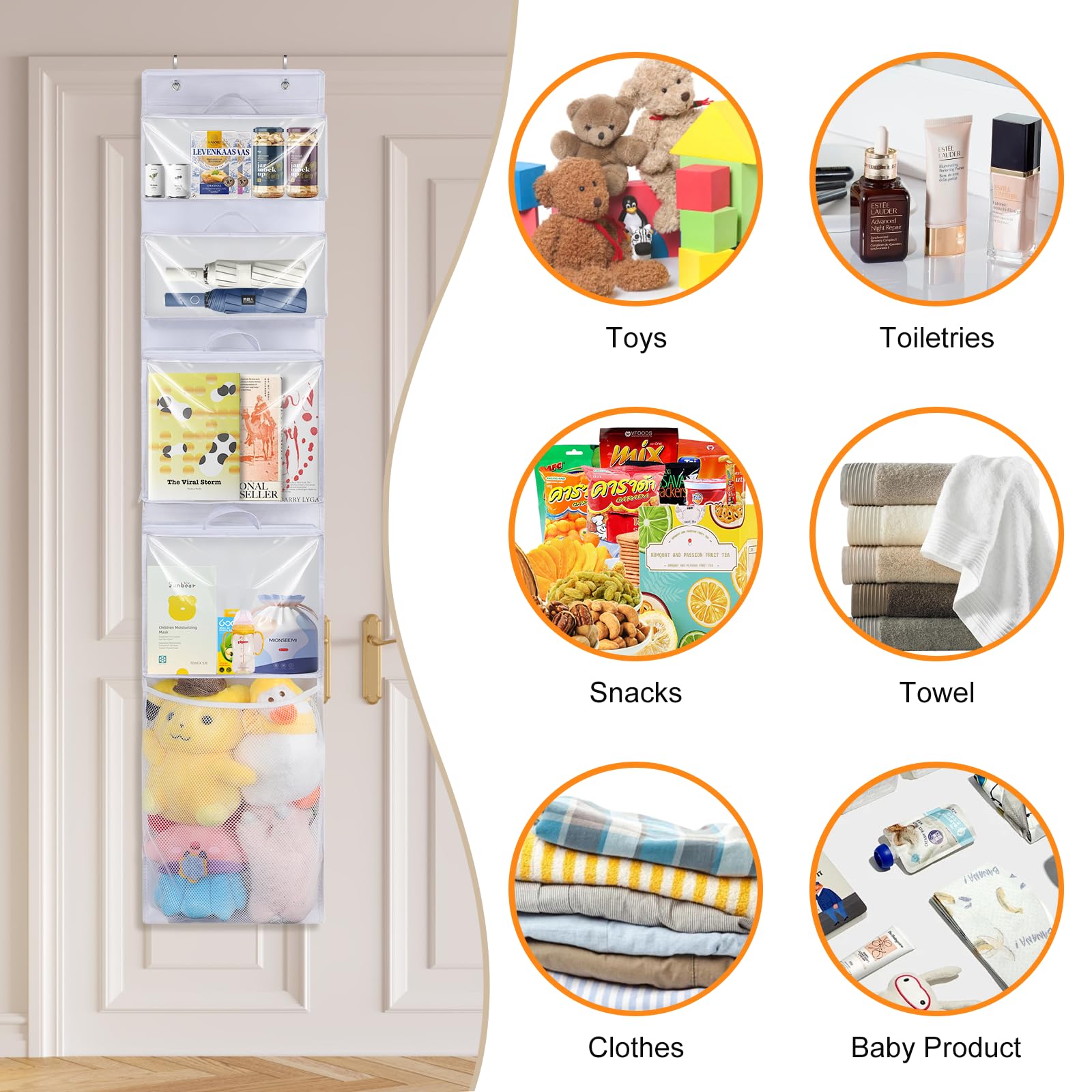 Over Door Organizer with 4 Clear Removable Pouches - Hanging Toy Storage for Stuffed Animals, Building Blocks & Puzzles - Kids Room & Playroom Closet Organization Solution - Perfect for Nursery, Daycare & Home Organization