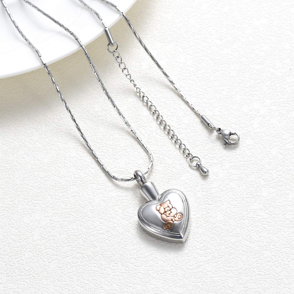 ConstantLife Memorial Teddy Bear Heart Charm Pendant Necklace - Stainless Steel Urn Jewelry for Ashes Keepsake - Perfect for Remembrance Gifts, Sympathy Jewelry & Memorial Services