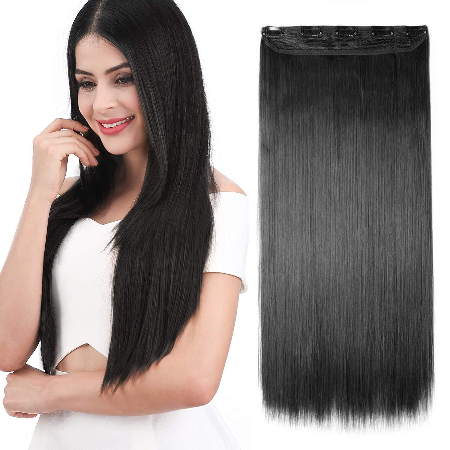 Wizme Real-Looking Hair Extensions for Women - Straight 5 Clip-In Extensions (Black) | Perfect for Daily Wear, Parties & Special Occasions