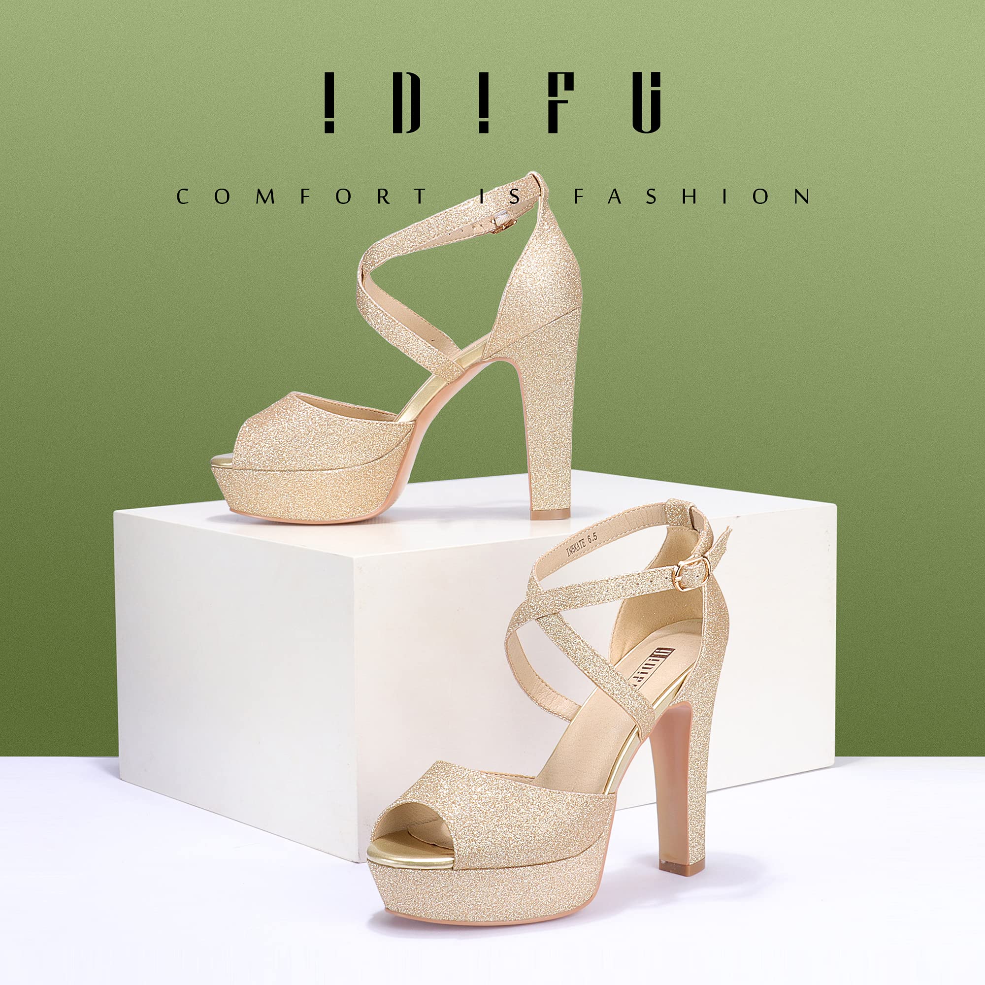 IDIFU Women's Chunky High Heel Sandals - Peep Toe Ankle Strap Dress Shoes for Wedding, Party & Evening Events - Comfortable Platform Heels for Bride & Prom