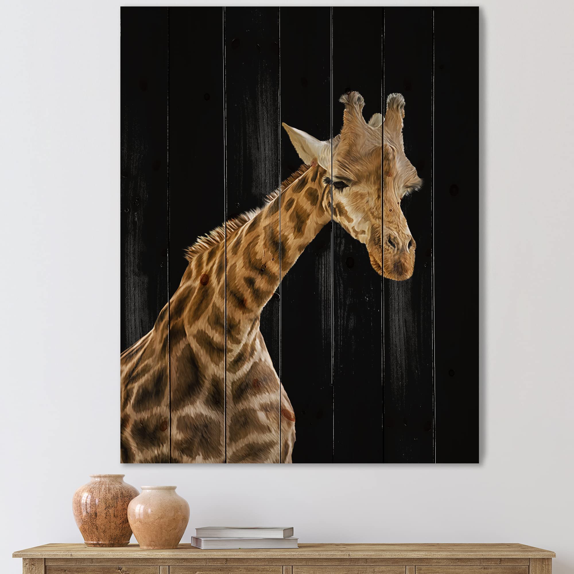 DesignQ Giraffe Portrait Farmhouse Wood Wall Decor - Black Wood Wall Art, Large Animal Wall Panels Printed on Natural Pine Wood - Perfect for Living Room, Bedroom & Nursery Decor