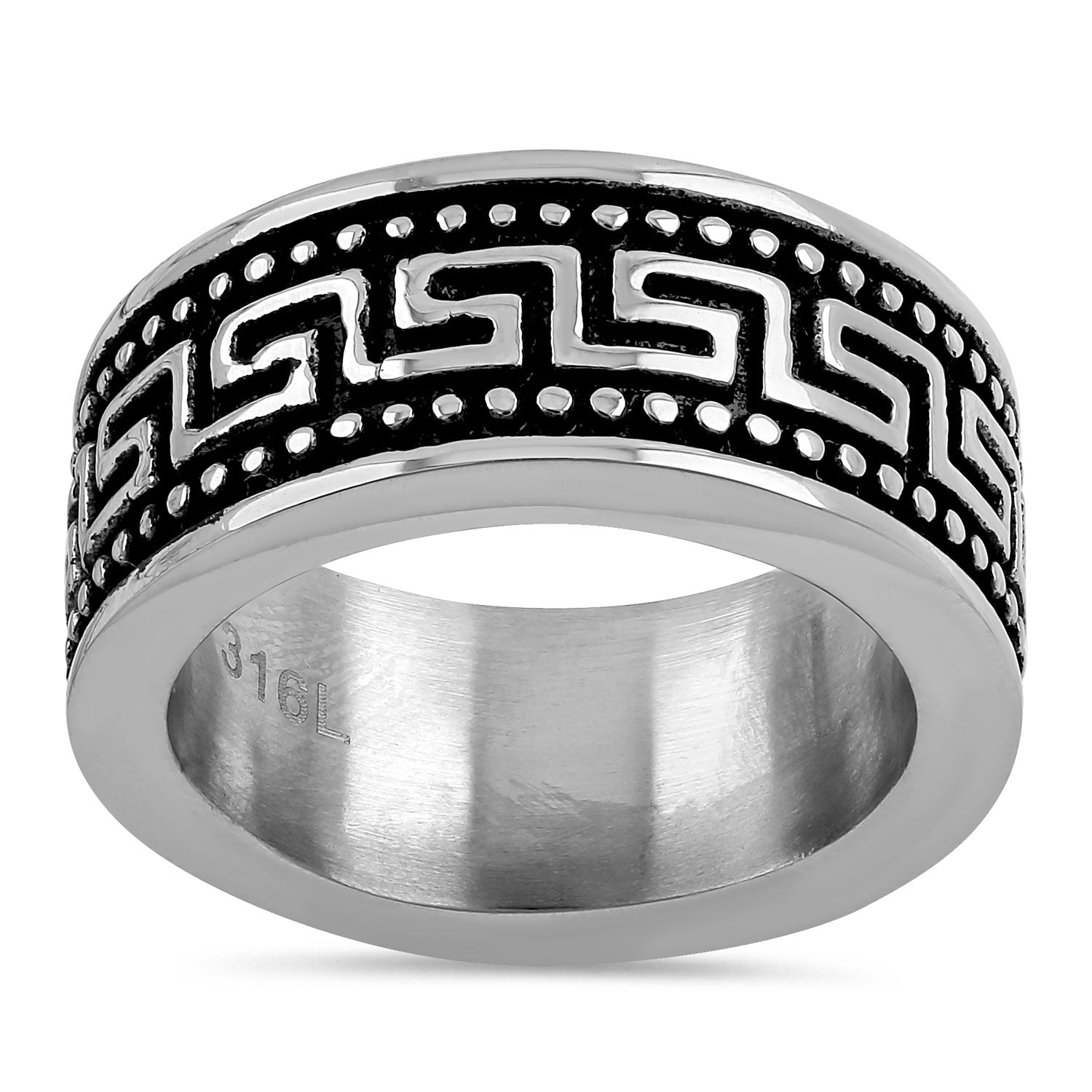 Stainless Steel Greek Pattern Band Ring for Women Men - Elegant Geometric Design Wedding Engagement Promise Ring - Perfect for Gifts, Anniversaries, and Special Occasions