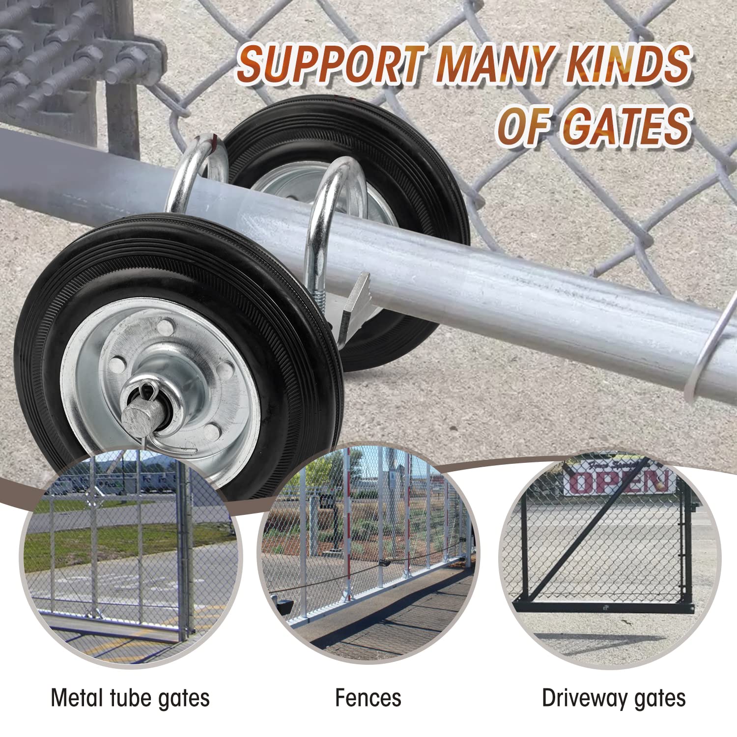 Heavy-Duty 6'' Steel Rolling Gate with Rubber Wheels - Durable Driveway Chain Link Fence Accessory for Metal Tube Gates | Perfect for Residential & Commercial Property Security | Pack of 1