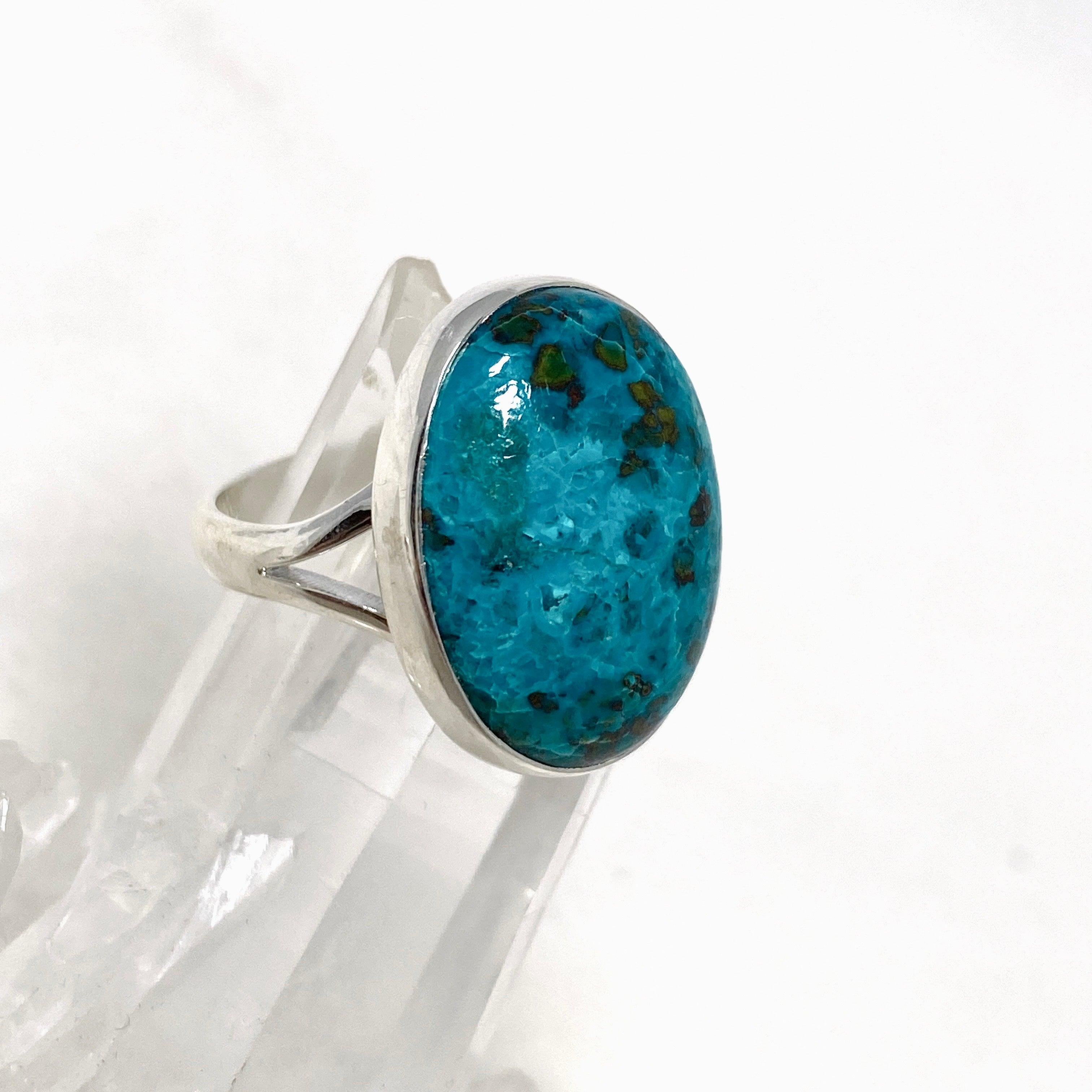 Chrysocolla Shattuckite Dioptase Oval Split Band Ring Size 9 - Natural Gemstone Jewelry for Women, Healing Crystal Ring for Meditation & Energy Work - KRGJ3230