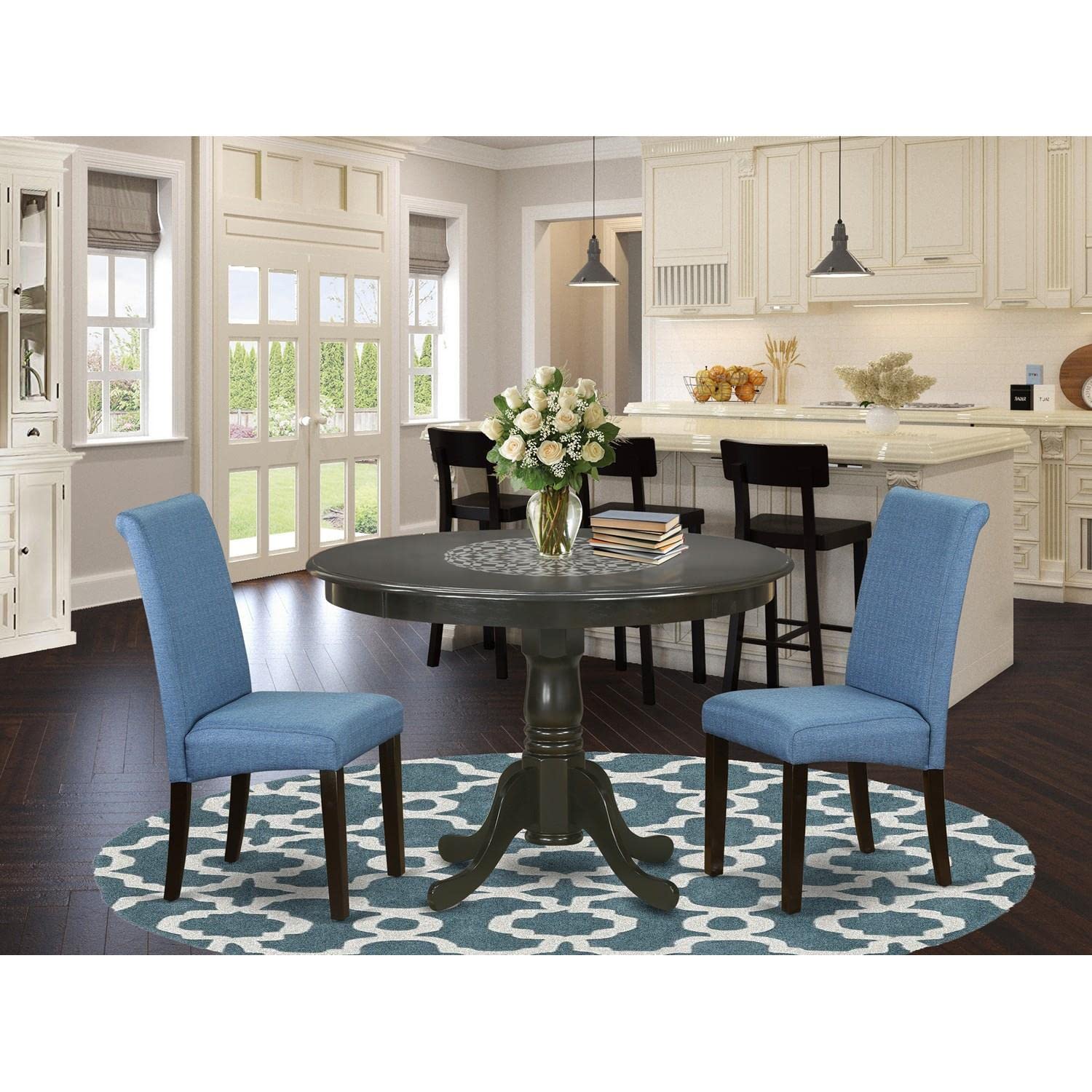 East West Furniture HLBA3-CAP-21 3-Piece Round Kitchen Dining Set with Pedestal Table & 2 Blue Linen Parsons Chairs, 42x42 Inch, Cappuccino - Perfect for Small Spaces, Breakfast Nooks & Cozy Apartments