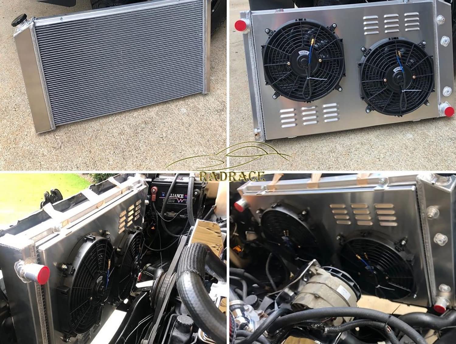 High-Performance Aluminum Radiator for 1970-1988 Chevy GMC C/K Suburban Pickup El Camino Monte Carlo Caprice Malibu Camaro Nova Jimmy Oldsmobile Cutlass Supreme Omega Pontiac - 4 Row Cooling System with Dual 12