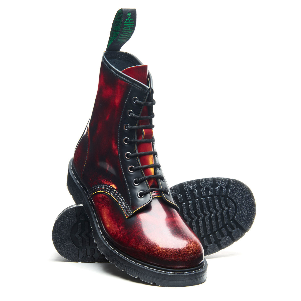 Flame Rub Off 8 Eye Derby Boots for Men - Punk Rock Gothic Combat Boots - Perfect for Concerts, Halloween & Alternative Fashion