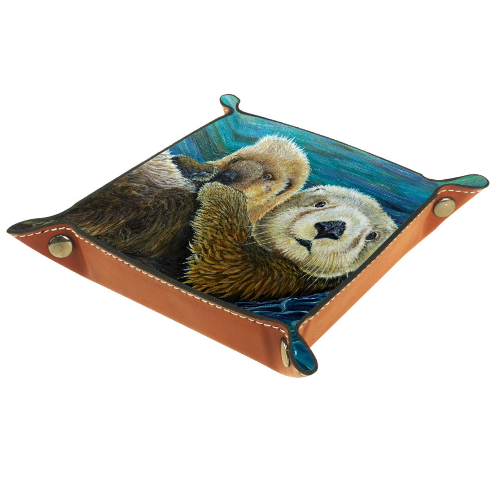 YATELI Leather Valet Tray & Jewelry Organizer - Small Storage Box for Keys, Coins, Watches - Perfect for Men's Dresser & Nightstand Organization (Mother Sea Otter with Pup Design)