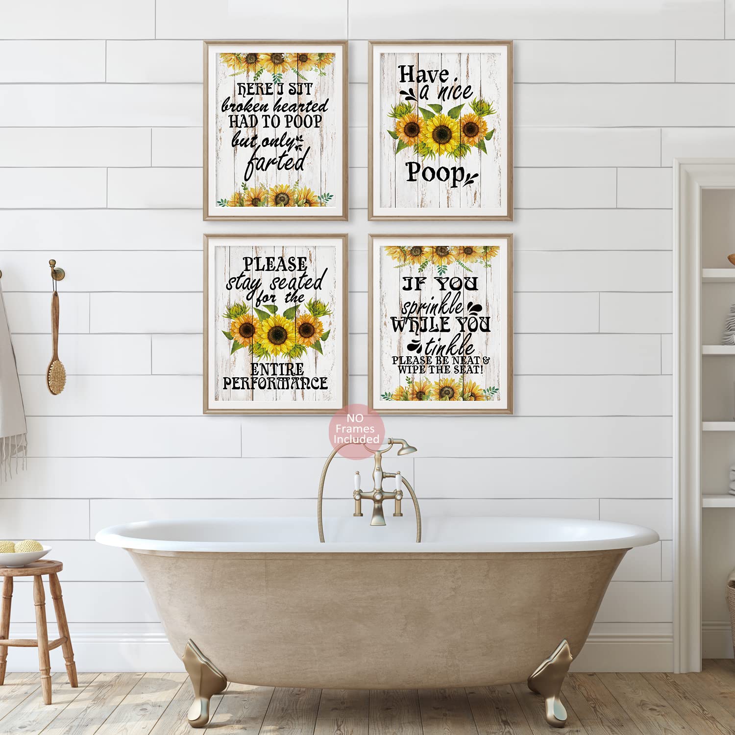 Funny Sunflower Bathroom Wall Art - Humorous Quotes Poster Set of 4 for Home Decor