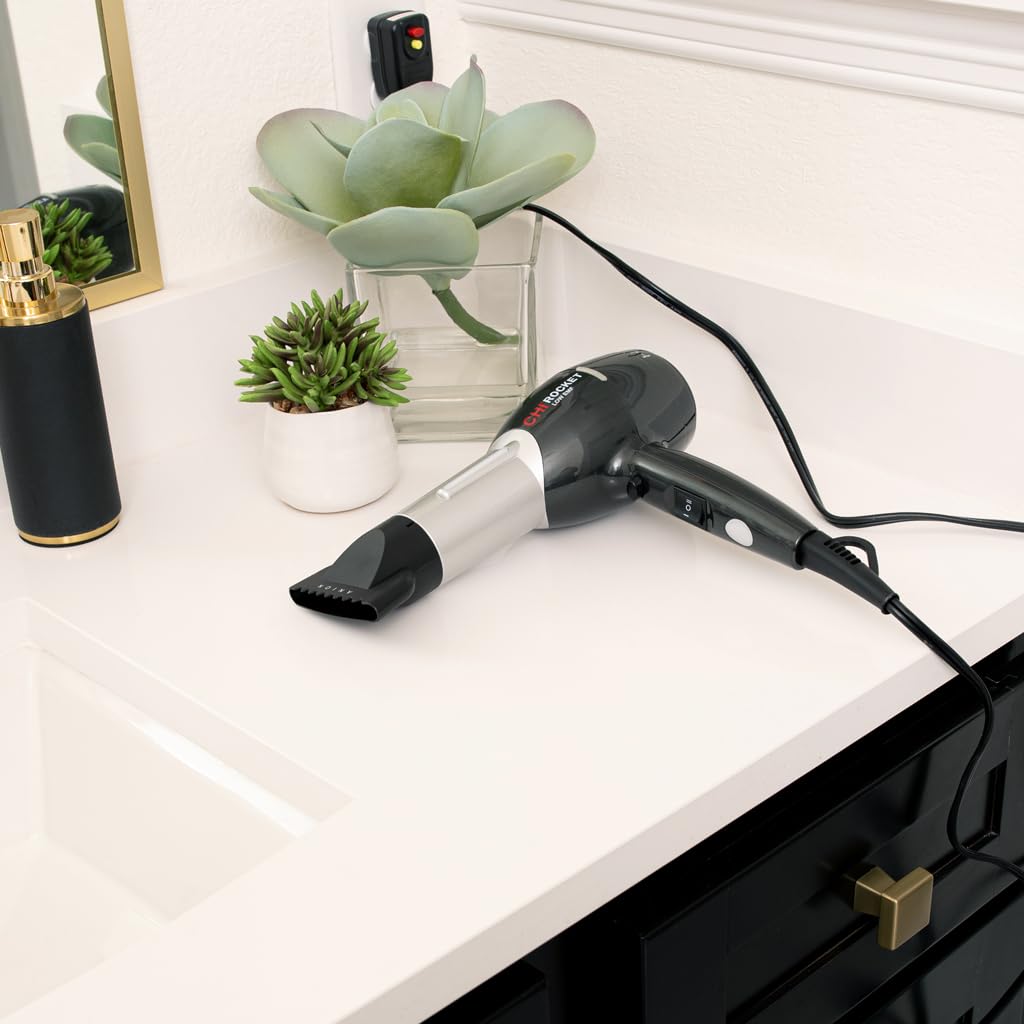 CHI Rocket Hair Dryer with Comb & Nozzle - Fast Drying, Frizz-Free Shiny Hair - Lightweight, Low EMF Hair Dryer for Salon & Home Use - Perfect for Travel, Styling & Daily Hair Care