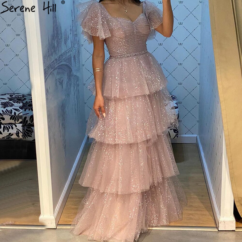 Serene Hill Pink Sexy Luxury Evening Dresses for Women 2025 - A-Line Glitter Tiered Princess Gowns for Prom, Wedding, Party & Special Occasions - Style LA70924