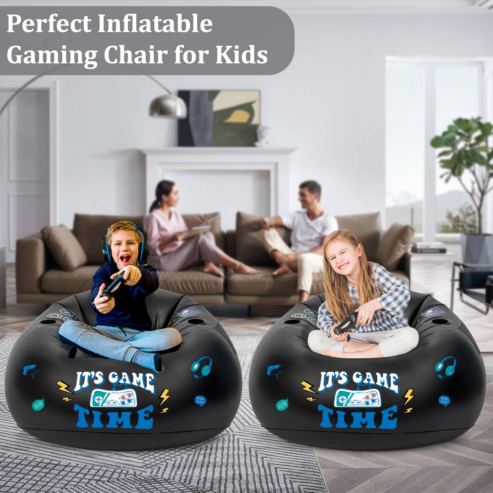 Inflatable Gaming Chair for Kids & Teens - Portable Floor Bean Bag Chair with Cup Holder & Side Pocket | Boys Room Furniture, Gaming Couch for Bedroom Decor | Perfect for Video Games, Movie Nights & Sleepovers