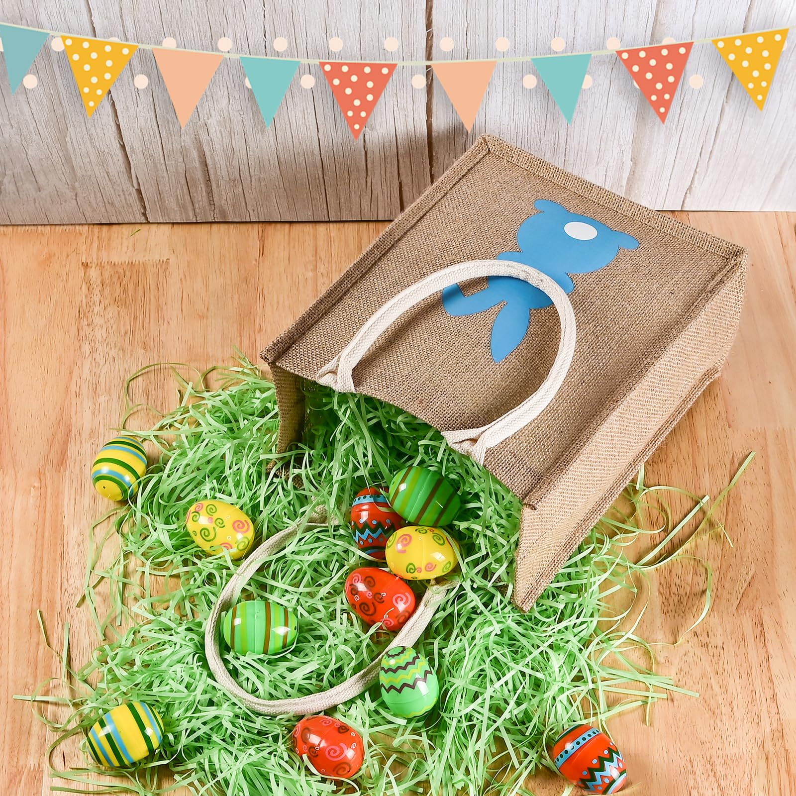 ATFUNSHOP Easter Tote Bag for Kids - Reusable Blue Bunny Basket for Egg Hunt, Easter Party & Spring Celebration - Durable Linen Easter Gift for Boys & Girls