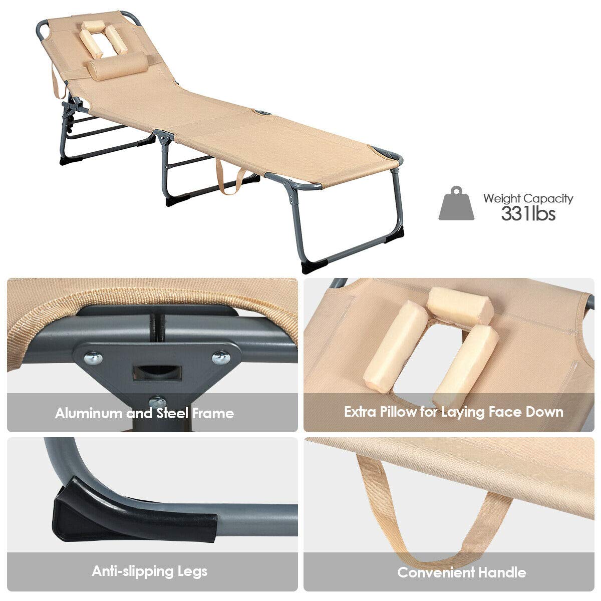 Adjustable Folding Chaise Lounge Chair Bed - Portable Recliner for Beach, Patio, Camping & Indoor Use - Outdoor & Living Room Furniture - Perfect for Relaxing, Sunbathing, and Lounging