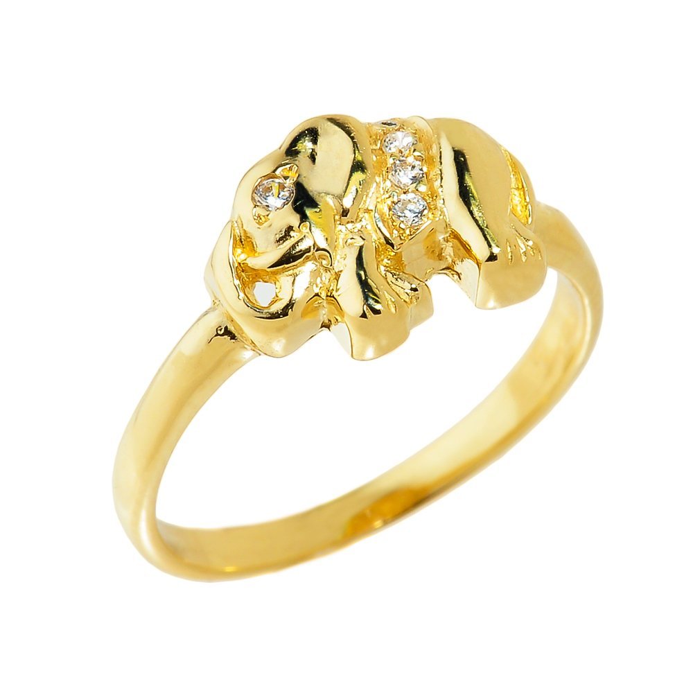 10k Yellow Gold CZ-Studded Lucky Elephant Ring - Elegant Good Luck Charm Jewelry for Women, Perfect for Gifts, Parties & Spiritual Protection