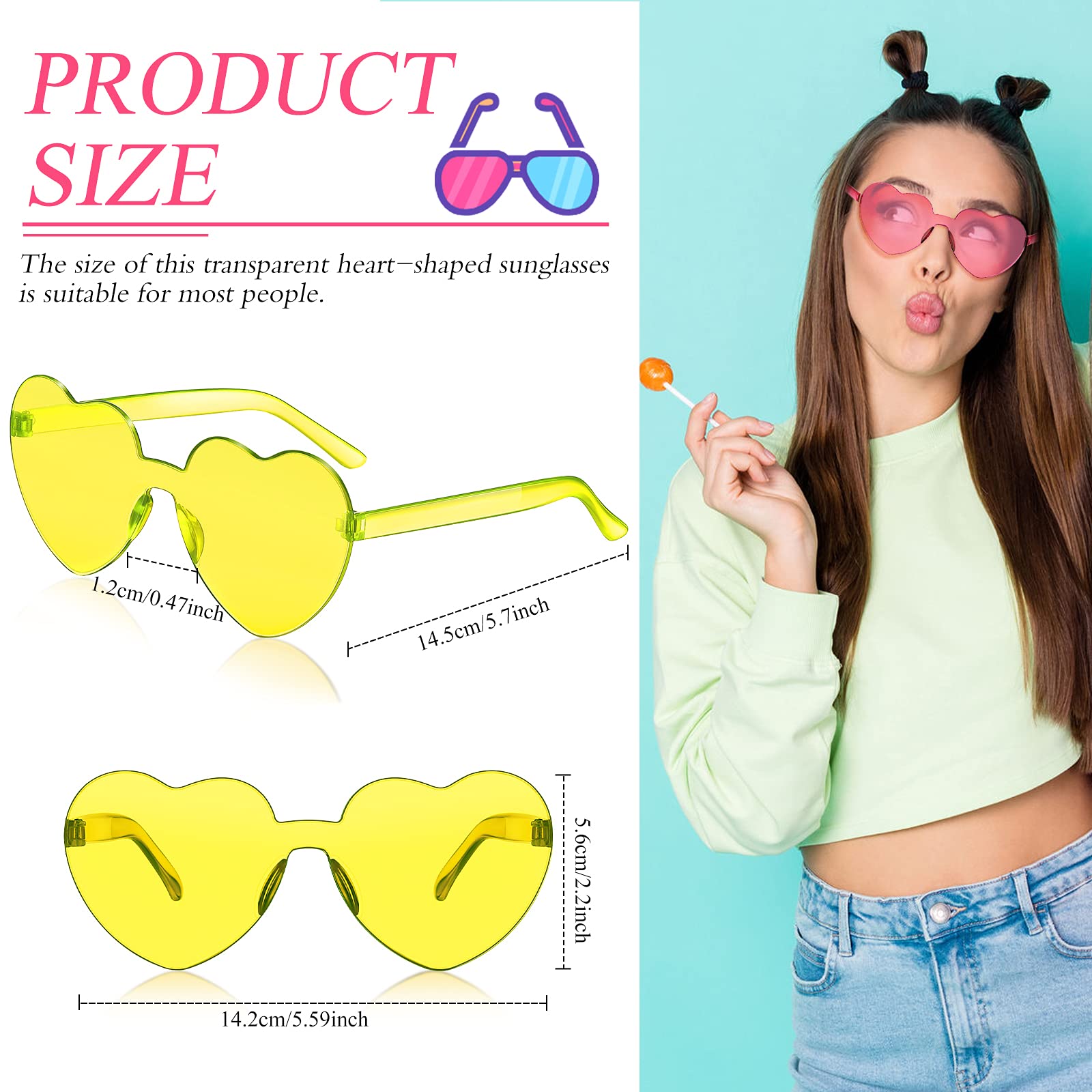 TOODOO 4 Pack Heart Shaped Sunglasses - Rimless Candy Colored UV Protection Glasses for Women & Men - Valentine's Day, Halloween Party, Festival & Cosplay Accessories - Perfect for Photoshoots, Music Festivals & Beach Outings
