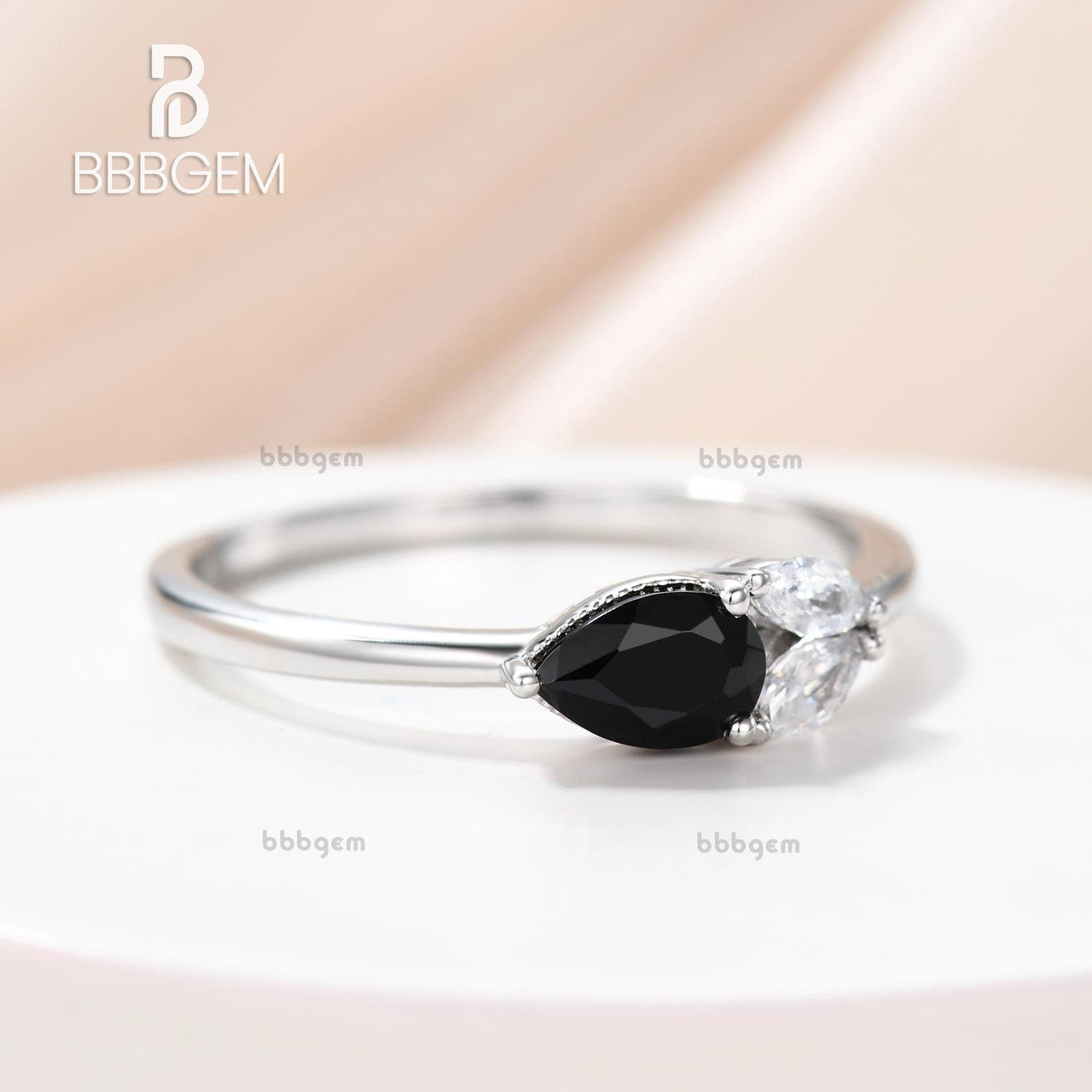 Petite Black Onyx Pear & White Moissanite Marquise Stacking Ring - Asymmetrical East-West Set for Women - Perfect for Layering, Wedding Bands, and Everyday Elegant Jewelry