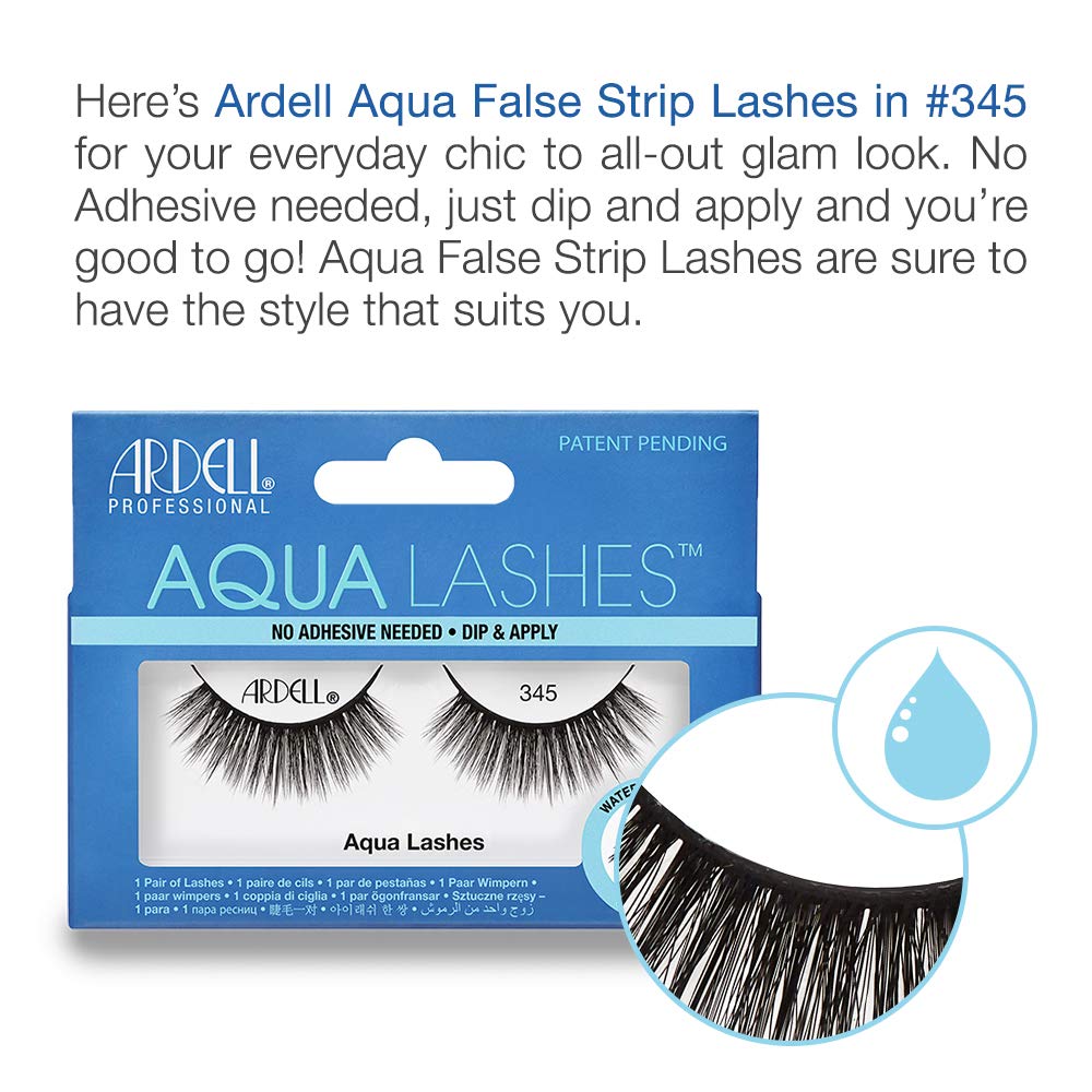 Ardell Aqua False Strip Lashes 345 - Water Activated Fake Eyelashes for Natural Look, No Lash Glue Needed, 4 Pack - Perfect for Daily Wear, Special Occasions & Makeup Enhancement