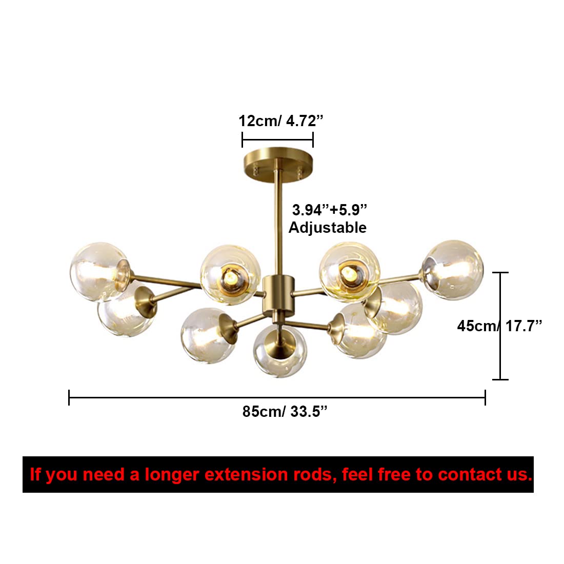 9-Light Gold Brass Linear Chandelier - Glass Globe Pendant Light Fixture for Dining Room, Bedroom, Living Room & Hallway | Modern Molecule Design & Warm Ambient Lighting | Perfect for Home Decor, Wedding Venues & Restaurant Lighting