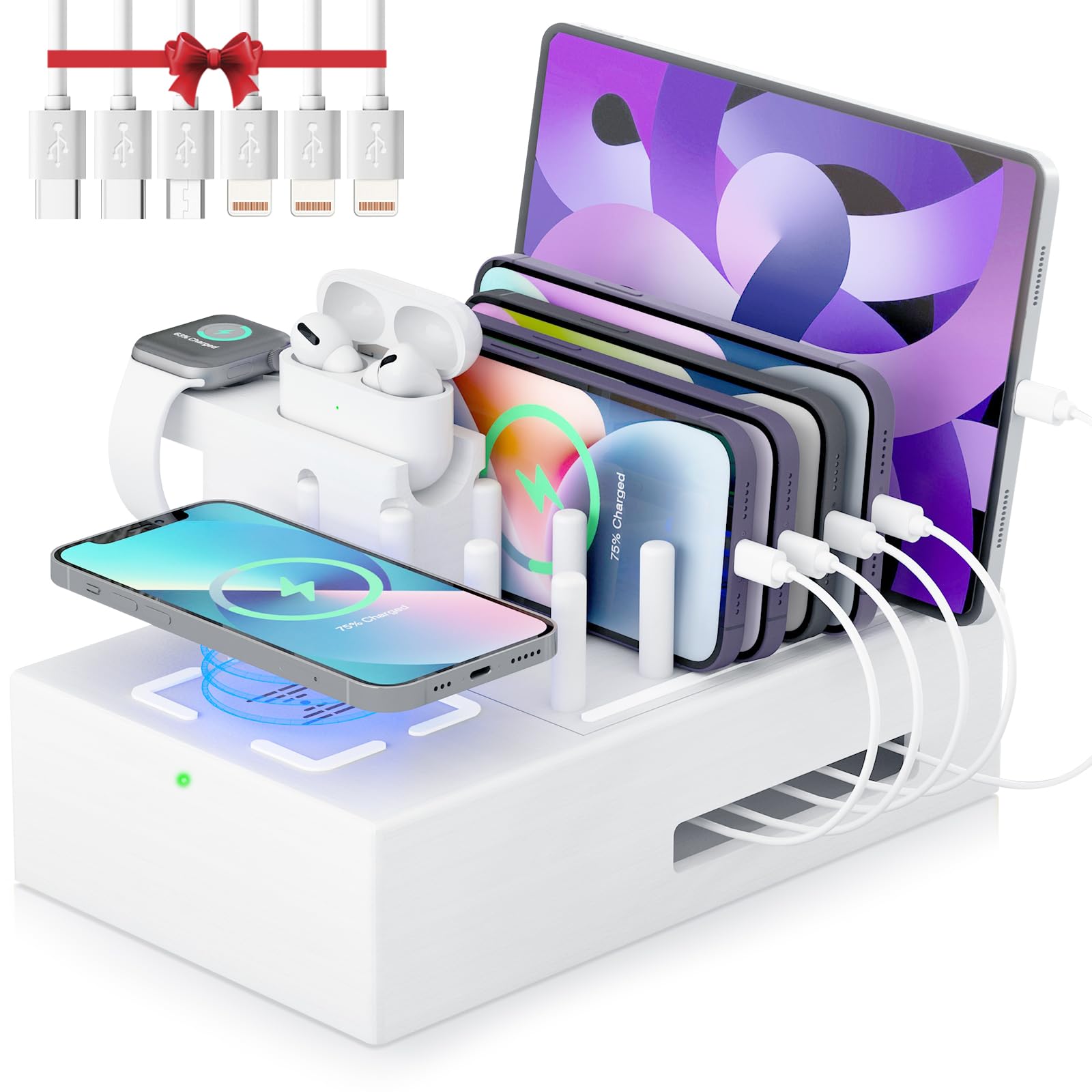 Bamboo Wireless Charging Station for Multiple Devices - Qi Certified Fast Wireless Charger with 7 USB Ports | Wooden Phone Charger Stand for iPhone, Samsung, AirPods, Smartwatch & Tablets | Perfect for Office, Bedroom & Travel (White)