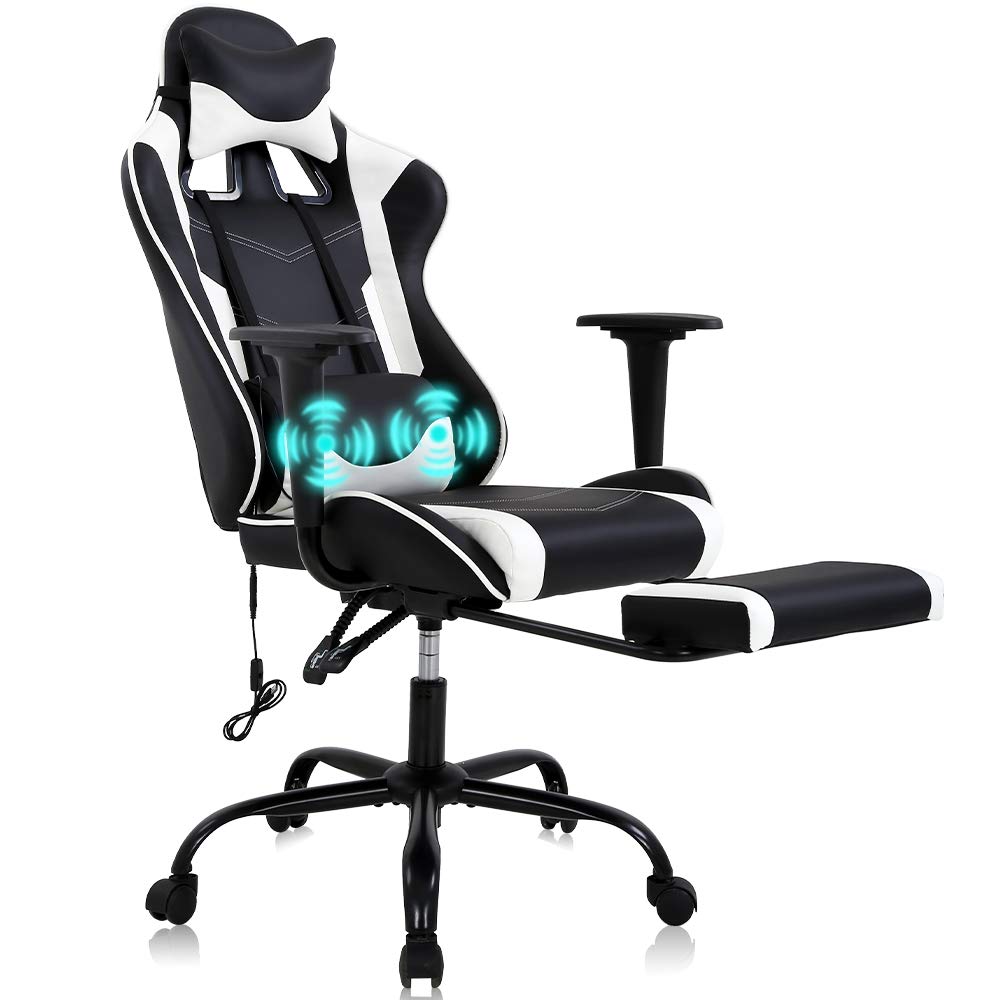 Ergonomic Gaming Chair - High Back PU Leather Office Chair with Lumbar Support & Headrest, Adjustable Racing Style Computer Desk Chair for Home & Office Use, White - Perfect for Gamers, Remote Workers & Long Hours Sitting
