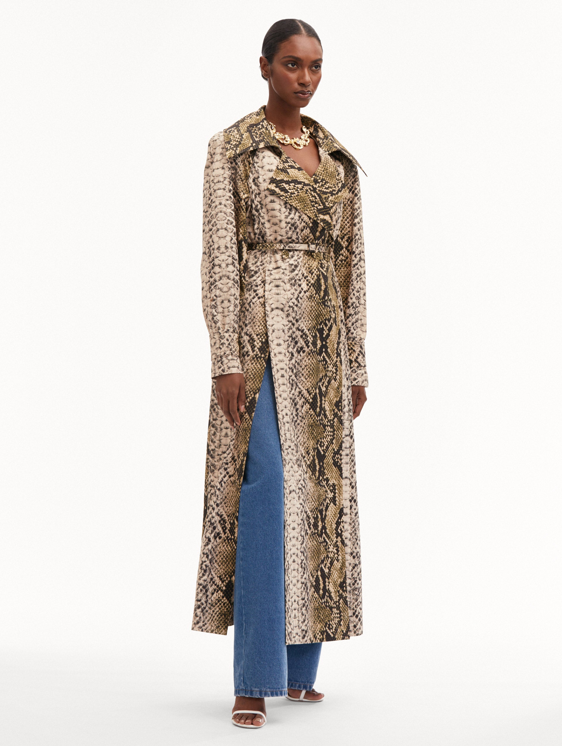 Stylish Snake Print Cotton Trench Coat for Women - Fashionable Water-Resistant Long Coat for Fall & Winter - Perfect for Office, Dating & Outdoor Activities